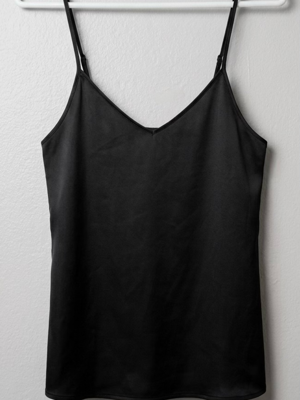 Sleek Black Satin V-Neck Cami with Adjustable Straps